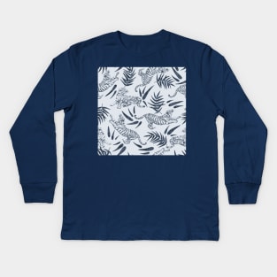 Tigers and Bamboo Leaves in Blue Kids Long Sleeve T-Shirt